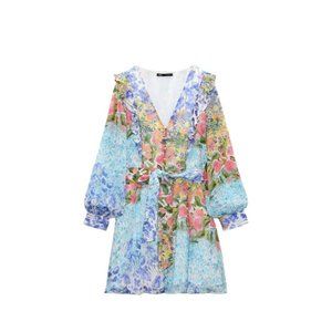 Zara Floral Mini Dress in Pastel Blue, Pink, Green